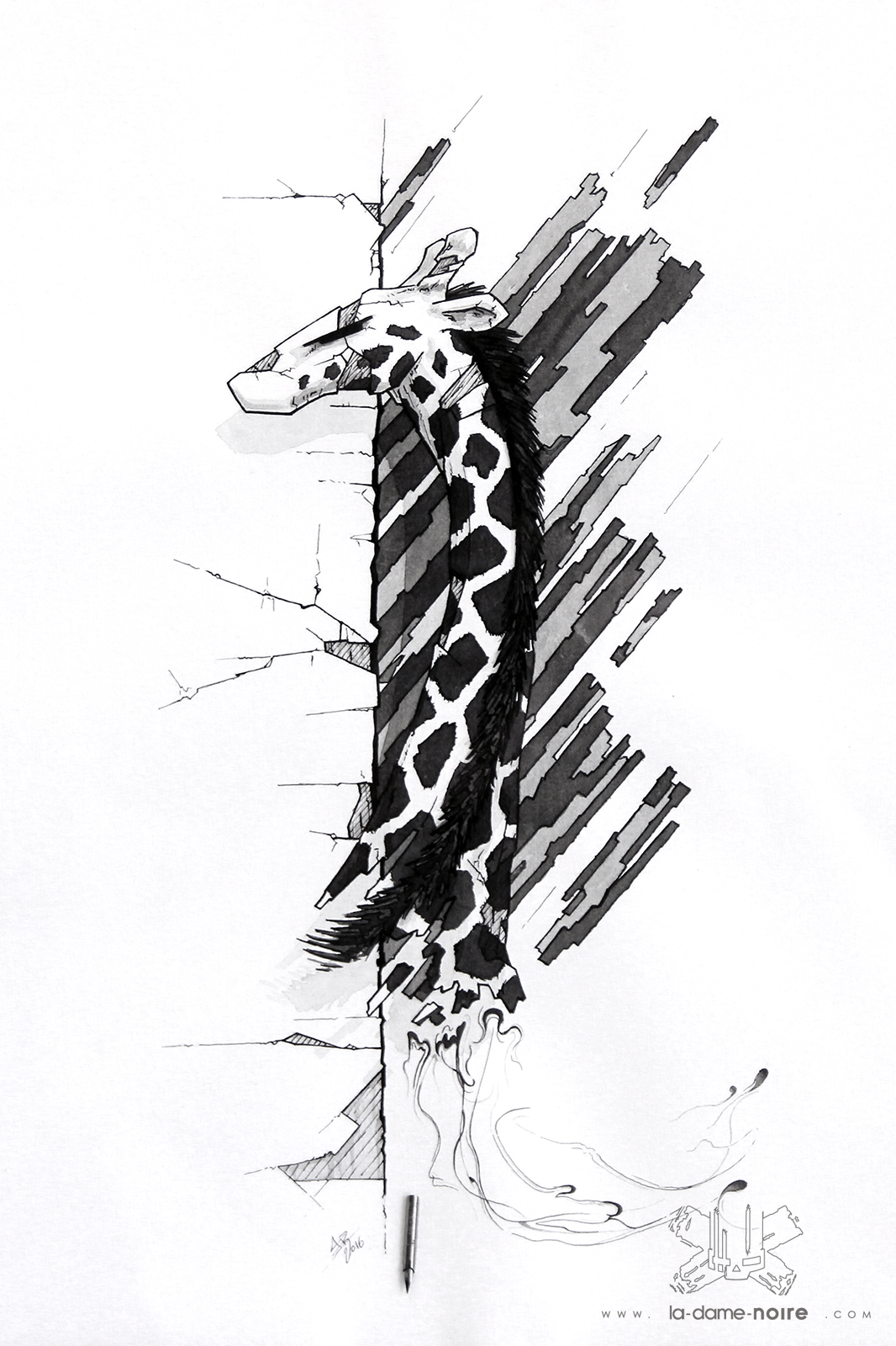 Drawing of a Giraffe made with a quill and black china ink