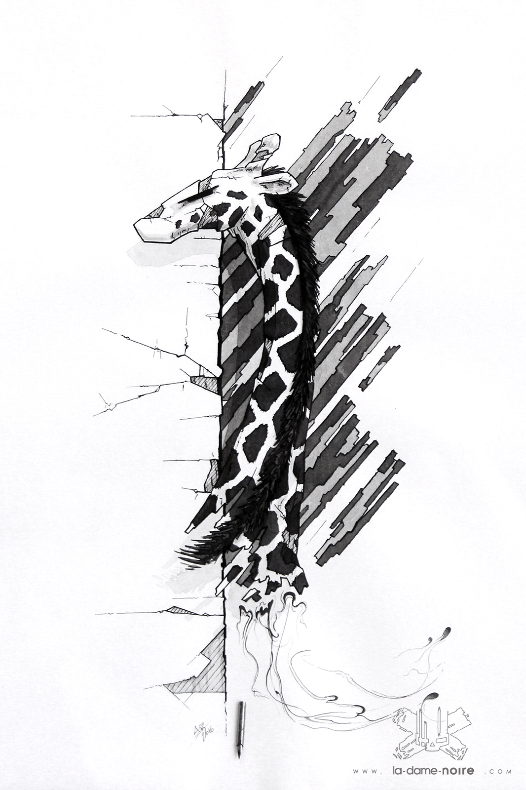 Dessin à l'encre de chine d'une girafe